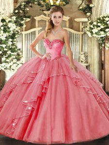 Sweetheart Sleeveless Lace Up 15 Quinceanera Dress Watermelon Red Tulle