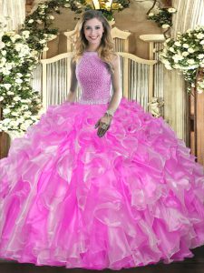 Ball Gowns 15 Quinceanera Dress Rose Pink High-neck Organza Sleeveless Floor Length Lace Up