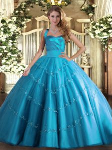 Baby Blue Tulle Lace Up 15th Birthday Dress Sleeveless Floor Length Appliques