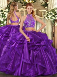 Eggplant Purple Halter Top Criss Cross Beading and Ruffled Layers Quinceanera Dresses Sleeveless