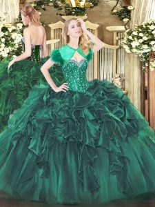 Organza Sweetheart Sleeveless Lace Up Beading and Ruffles Quinceanera Gown in Dark Green