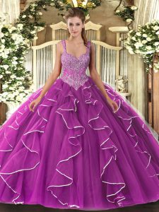 Fuchsia Lace Up Straps Beading Quinceanera Dress Tulle Sleeveless