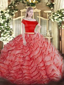 Enchanting Coral Red 15 Quinceanera Dress Tulle Brush Train Short Sleeves Ruffled Layers