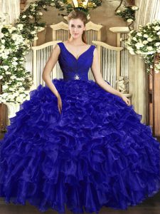 Fabulous V-neck Sleeveless Sweet 16 Dresses Floor Length Beading and Ruffles Royal Blue Organza