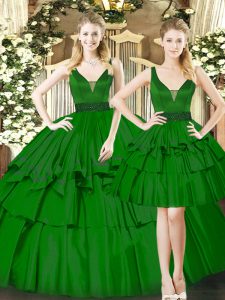 High Class Dark Green Sleeveless Organza Lace Up Sweet 16 Dresses for Military Ball and Sweet 16 and Quinceanera