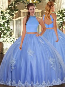 Unique Tulle Halter Top Sleeveless Backless Beading and Appliques Vestidos de Quinceanera in Baby Blue