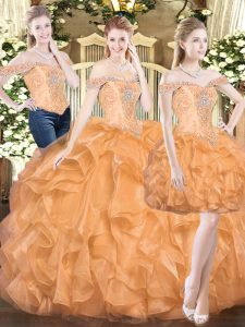 Fashion Floor Length Lace Up Ball Gown Prom Dress Orange Red for Military Ball and Sweet 16 and Quinceanera with Ruffles