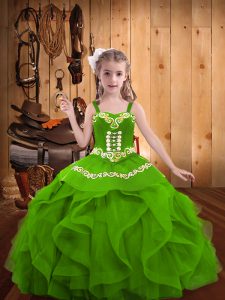 Green Organza Lace Up Straps Sleeveless Floor Length Evening Gowns Beading and Embroidery and Ruffles