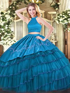 High End Beading and Embroidery and Ruffled Layers Quinceanera Dress Teal Backless Sleeveless Floor Length