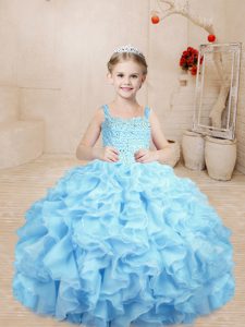 Wonderful Floor Length Lace Up Little Girls Pageant Dress Wholesale Baby Blue for Sweet 16 and Quinceanera with Beading and Ruffles