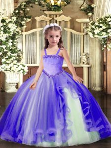 Lavender Ball Gowns Appliques Pageant Dresses Lace Up Tulle Sleeveless Floor Length