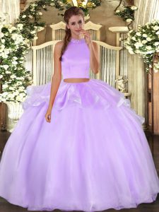 Hot Selling Lavender Two Pieces Organza Halter Top Sleeveless Beading Floor Length Backless Sweet 16 Dresses