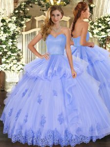 Light Blue Tulle Lace Up Quinceanera Dresses Sleeveless Floor Length Beading and Appliques and Ruffles