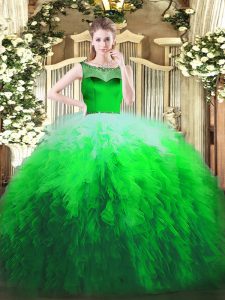 Modern Multi-color Tulle Zipper Scoop Sleeveless Floor Length Quinceanera Gowns Beading and Ruffles