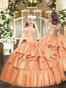 Ball Gowns Pageant Gowns Orange Off The Shoulder Organza Sleeveless Floor Length Lace Up