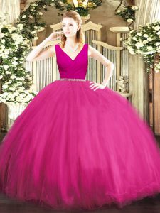 Fuchsia Ball Gowns Tulle V-neck Sleeveless Beading Floor Length Zipper Quinceanera Gown