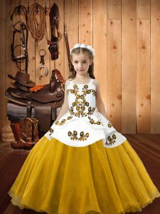 Gold Lace Up Straps Embroidery Pageant Gowns For Girls Organza Sleeveless