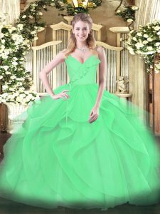 Green Spaghetti Straps Neckline Ruffles and Ruching Quinceanera Gown Sleeveless Zipper