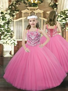 New Style Beading Little Girls Pageant Gowns Rose Pink Lace Up Sleeveless Floor Length