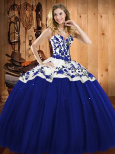 On Sale Blue Quinceanera Gown Military Ball and Sweet 16 and Quinceanera with Embroidery Sweetheart Sleeveless Lace Up