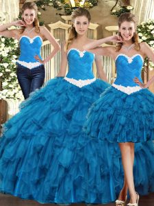 Tulle Sweetheart Sleeveless Lace Up Ruffles Quinceanera Gown in Teal