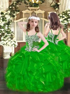 Great Sleeveless Floor Length Appliques and Ruffles Lace Up Little Girl Pageant Gowns with Green