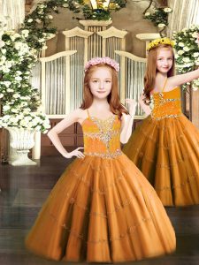 Orange Pageant Gowns For Girls Party with Beading Spaghetti Straps Sleeveless Lace Up