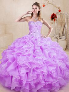 Beading and Ruffles Sweet 16 Dress Lilac Lace Up Sleeveless Floor Length