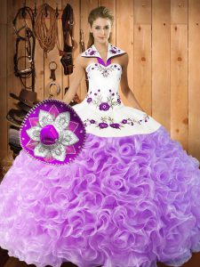 Lilac Ball Gowns Halter Top Sleeveless Fabric With Rolling Flowers Floor Length Lace Up Embroidery Vestidos de Quinceanera