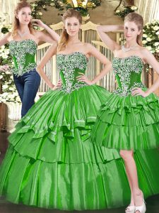 Custom Design Sleeveless Tulle Floor Length Lace Up Quinceanera Gown in Green with Beading and Ruffled Layers