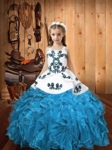 Custom Made Straps Sleeveless Pageant Dress Womens Floor Length Embroidery and Ruffles Blue Organza