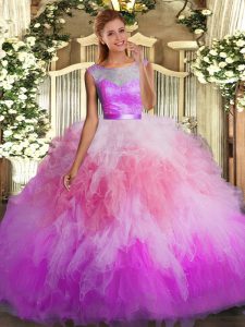 Most Popular Multi-color Tulle Backless Scoop Sleeveless Floor Length Quinceanera Dress Beading and Ruffles