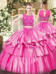 Sleeveless Floor Length Beading and Ruffled Layers Zipper Sweet 16 Dresses with Rose Pink