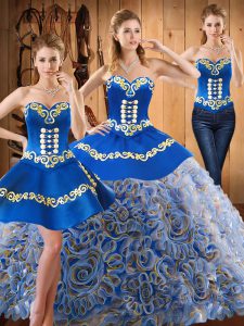 Sweep Train Three Pieces Quinceanera Gowns Multi-color Strapless Satin and Fabric With Rolling Flowers Sleeveless With Train Lace Up