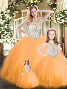 Floor Length Lace Up Quinceanera Gown Orange Red for Military Ball and Sweet 16 and Quinceanera with Beading