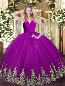 Affordable Ball Gowns Quince Ball Gowns Fuchsia V-neck Tulle Sleeveless Floor Length Zipper