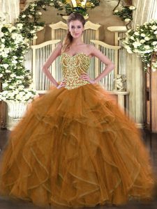 High Quality Ball Gowns Quince Ball Gowns Brown Sweetheart Tulle Sleeveless Floor Length Lace Up