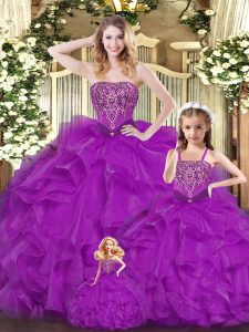 Fine Organza Sweetheart Sleeveless Lace Up Beading and Ruffles 15th Birthday Dress in Purple