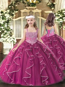 Floor Length Lace Up Glitz Pageant Dress Fuchsia for Party and Sweet 16 and Quinceanera and Wedding Party with Beading and Ruffles