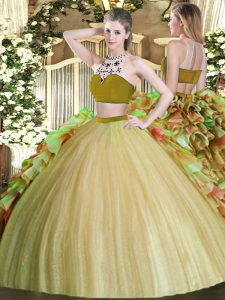 Olive Green Two Pieces Bateau Sleeveless Tulle Floor Length Backless Beading and Ruffles Vestidos de Quinceanera