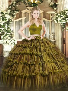 High End Floor Length Olive Green Quinceanera Dresses Organza Sleeveless Ruffled Layers