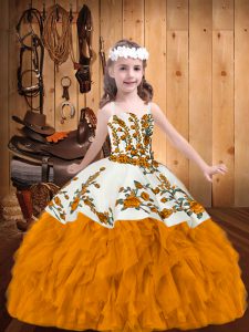 Custom Fit Gold Sleeveless Floor Length Embroidery and Ruffles Zipper Pageant Dress Toddler