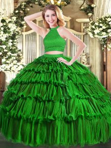 Ball Gowns Ball Gown Prom Dress Green Halter Top Organza Sleeveless Floor Length Backless