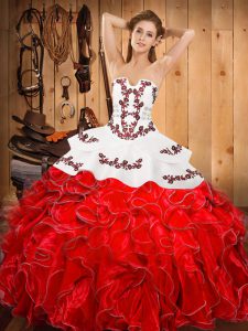 Enchanting Strapless Sleeveless Satin and Organza Quince Ball Gowns Embroidery and Ruffles Lace Up