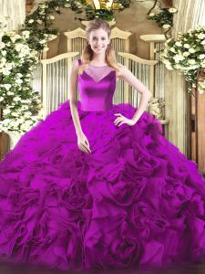 Scoop Sleeveless Quinceanera Gown Floor Length Beading Fuchsia Fabric With Rolling Flowers