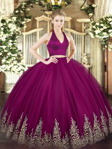 Pretty Floor Length Zipper Quinceanera Gowns Fuchsia for Military Ball and Sweet 16 and Quinceanera with Appliques