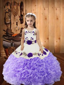 Beauteous Lavender Little Girl Pageant Dress Sweet 16 and Quinceanera with Embroidery and Ruffles Straps Sleeveless Lace Up