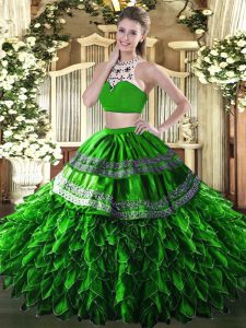 Beautiful High-neck Sleeveless Tulle Sweet 16 Quinceanera Dress Beading and Ruffles Backless