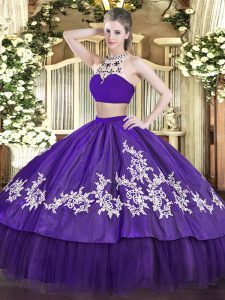 Luxury Purple Two Pieces Beading and Appliques Quinceanera Dress Backless Tulle Sleeveless Floor Length