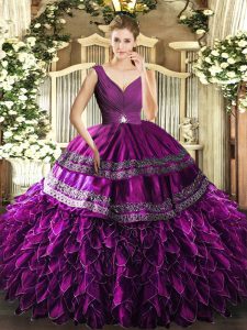 Comfortable Sleeveless Floor Length Beading and Ruffles and Ruching Backless Sweet 16 Quinceanera Dress with Purple